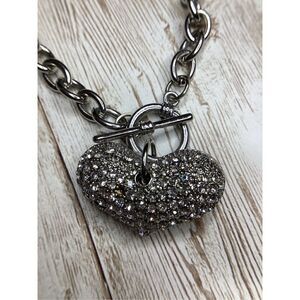 Puffy Crystal Pave Heart Charm Chain Anklet Bracelet Silver Tone Toggle Closur